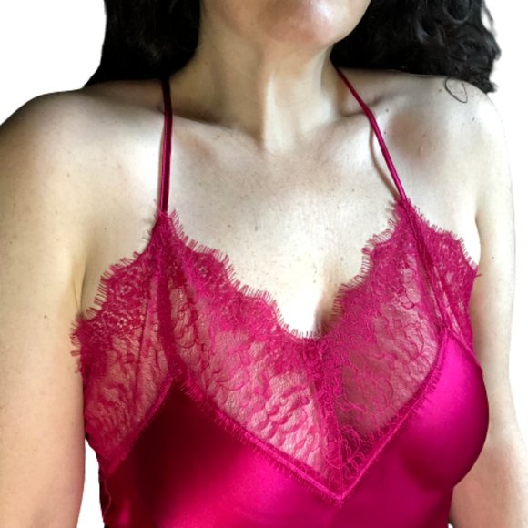 NWOT New 100% Silk Pink Red Lace Criss Cross Chemise Negligee Full Slip Dress M - Picture 13 of 17